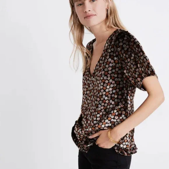 Madewell Burnout Velvet Charcoal Petite Blooms Tulip-Sleeve Ruffle Blouse Med - Picture 3 of 13